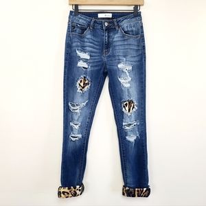 Kancan Vienna Leopard Print Rolled Hem Distressed Blue Jeans Sz 5/26